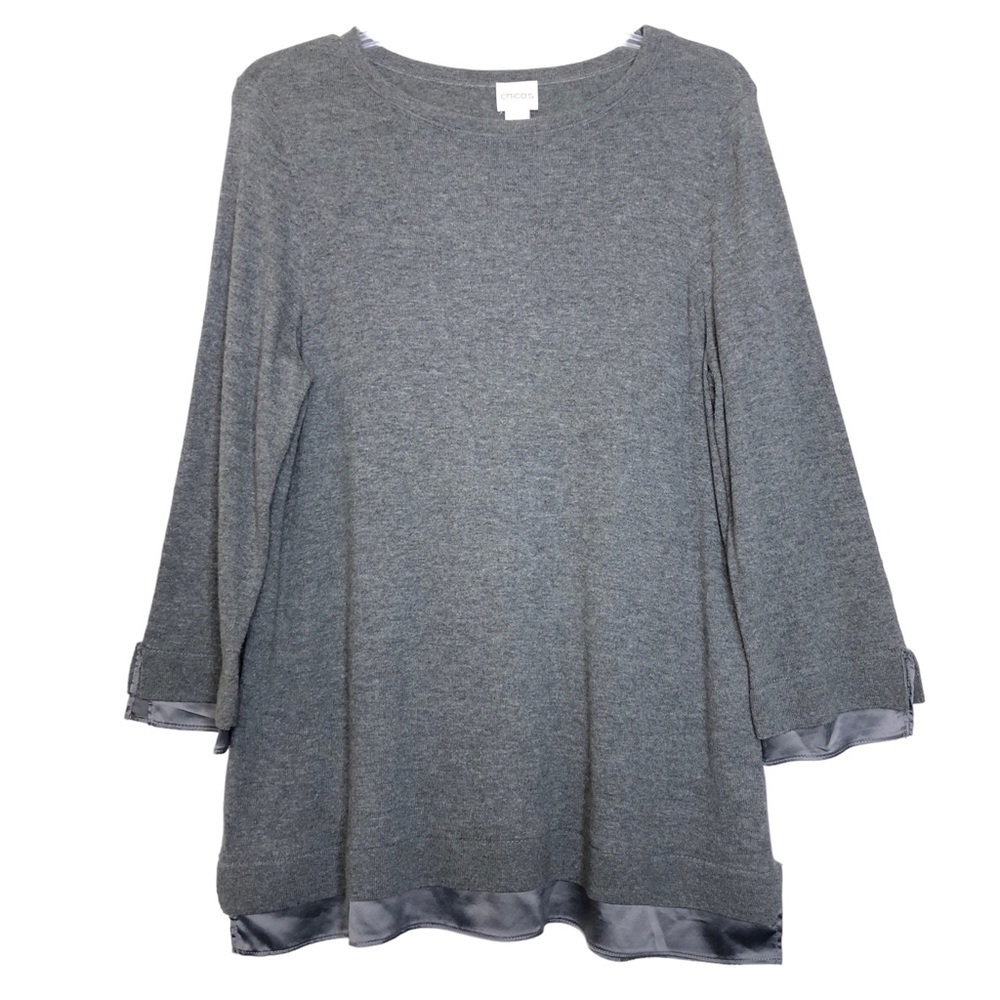 CHICO’S Size 2 Gray Cotton Blend Sweater w Satin Trim Standard Size Large 12/14